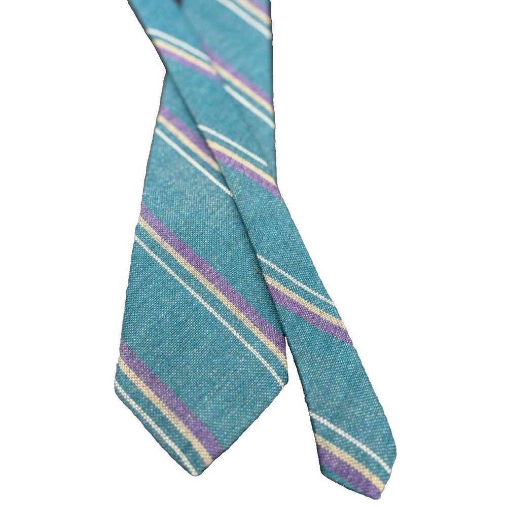 Vtg Tweed Wool Tie Green Purple Gold Strips Brittany Bay USA EUC